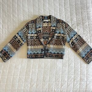 Blue and Brown Geometric Blazer with Knit Design